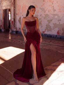 ADYCE Solid Color Strapless Long Satin Front Slit Backless Formal Dress, Suitable For Parties, Banquets, Balls, Galas, Wedding Guests, Graduation Ceremonies, New Year's Galas, Etc. (Gloves Not Included) - Burgundy - View 5