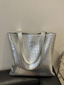 Large Capacity Shoulder PU Leather Tote Bag, Crocodile Embossed, Fashion European And American Style Commuter Bag, Suitable For School And Work - Silver - View 11