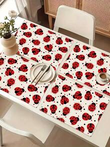 1pc Insect Series Ladybug Pattern Printed Table Runner, 4pcs Ladybug Pattern Printed Placemats, Suitable For Holidays, Parties, Birthdays, Dinners, Kitchen & Dining Room Decor, Applicable For All Seasons Home Decor, Tabletop Textiles - Multicolor - View 8