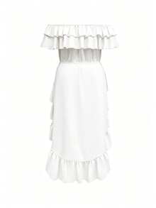 Plus Size Women Elegant Off-Shoulder Ruffle Trim Top White Summer - White - View 3