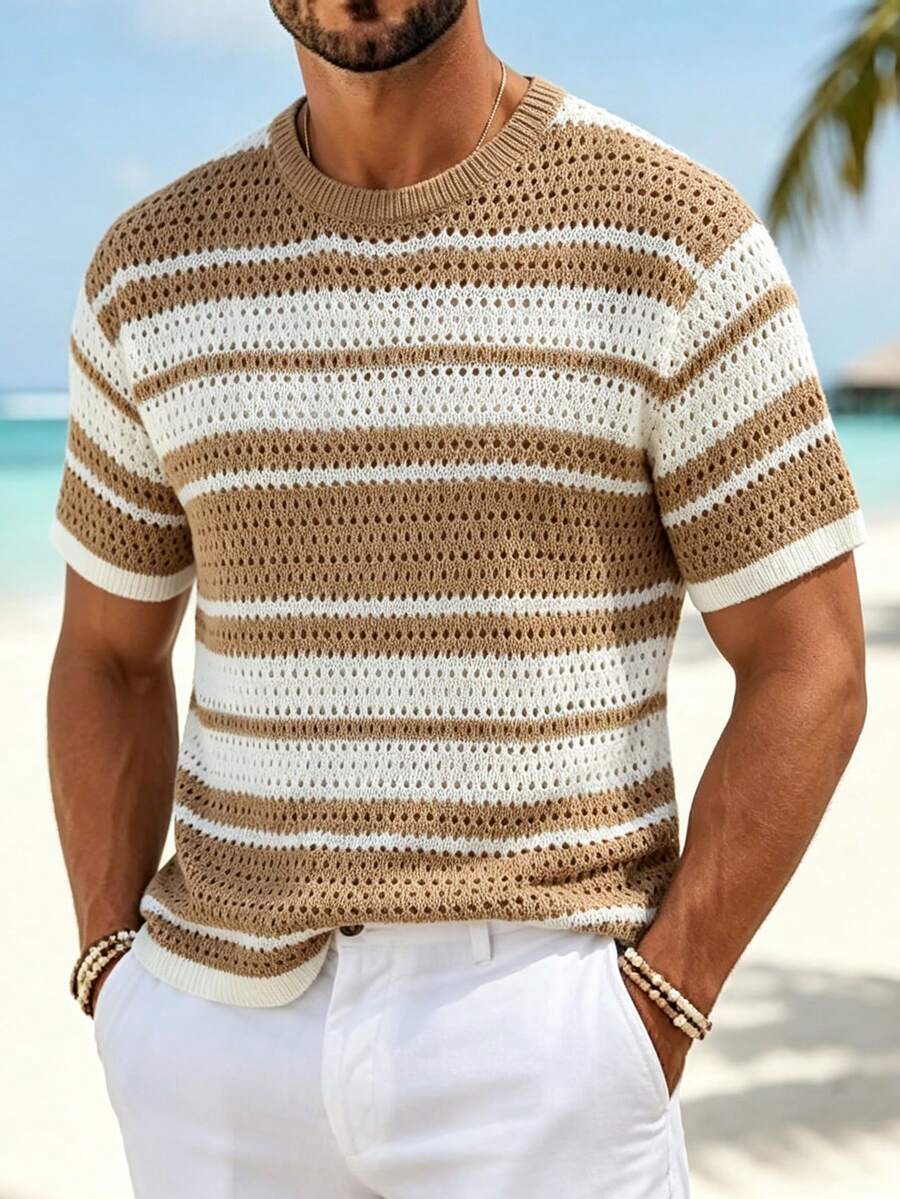 New Arrival Men's Casual Striped Crew Neck Comfortable Knit Short Sleeve Top - Apricot - View 1