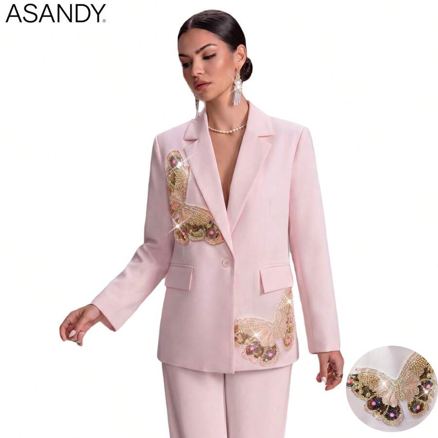 ASANDY Elegant Butterfly Embroidered Blazer For Women, Sequin & Beaded Light Pink Fitted Wrinkle-Resistant Versatile Lightweight Luxury Jacket, Suitable For Commuting, Party, All Body Types, Available In Full Size Range - Pink - View 1