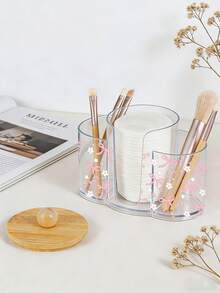 Pink Bow Pattern 3-In-1 Bamboo Lid Transparent Plastic Storage Box, Desktop Makeup Organizer Box With Three Round Holes, Transparent Cosmetic Storage Box With Three Compartments - Modern Vanity Table Storage Box With Lid,Gift Ideas For Women - Multicolor - View 5