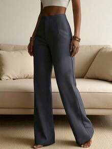 Pantalones rectos de pierna ancha de unicolor para mujer, pantalones casuales de pierna recta, versátiles para diversas ocasiones y para ir al trabajo, color blanco primaveral - Gris Oscuro - Ver 3