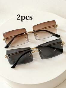 2pcs Summer Fashion Unisex Eyeglasses Set, Retro Rectangular Frameless Decorative Glasses For Street Photography, Commuting, Daily Wear - 2pcs Frameless Grey Tea - View 1