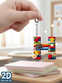 2D Flat Style, Unisex Gift, Plush Texture Teacher Theme Letter A-Z Pattern Acrylic Keychain, Keyring, Backpack Pendant, Birthday Gift, Party Favor, Souvenir, 2D Flat Style - Rainbow - View 24