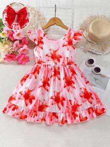 Đầm đi nghỉ hè in hoa hở lưng thắt nơ cho bé gái - Đỏ - Xem 1