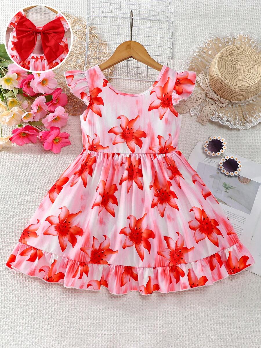 Đầm đi nghỉ hè in hoa hở lưng thắt nơ cho bé gái - Đỏ - Xem 1