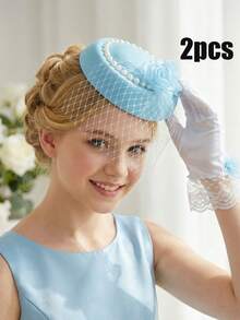 2 peças/Conjunto Chapéu Fascinator de Tule Floral Azul para Adolescentes + Luvas de Cetim com Renda Floral Azul, Conjunto de Mini Chapéu de Tule de 2 Peças, Adereços para Fotografia de Casamento, Acessório de Cabelo para Decoração de Casamento Nupcial, Adereços para Cabine de Fotos de Festa, Adereços de Casamento, Adereços Nupciais - Azul - Visão 1