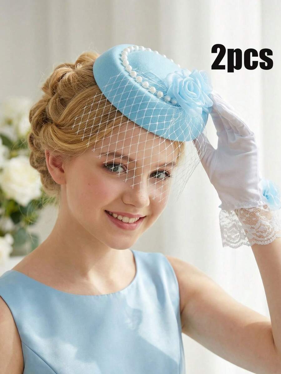 2 peças/Conjunto Chapéu Fascinator de Tule Floral Azul para Adolescentes + Luvas de Cetim com Renda Floral Azul, Conjunto de Mini Chapéu de Tule de 2 Peças, Adereços para Fotografia de Casamento, Acessório de Cabelo para Decoração de Casamento Nupcial, Adereços para Cabine de Fotos de Festa, Adereços de Casamento, Adereços Nupciais - Azul - Visão 1