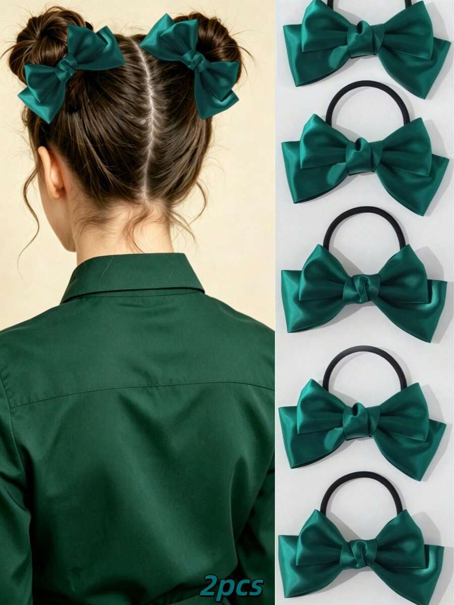 2pcs Fashionable Versatile Delicate Princess Style Hair Accessories/Hair Ties, Double-Layer Glossy Bow Design Hair Ties, Essential For Daily Hairstyles And Braiding - Dark Green - View 1