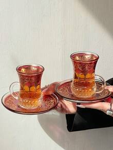 1 Set Vintage Turkish Coffee Cup, Romantic Exotic Red Tea Cup, Afternoon Tea Delicate Flower Tea Cup & Saucer Set - Multicolor - View 7