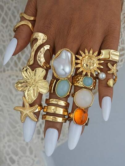 6/13 piezas Juego de anillos de metal con diseño vintage de girasol y estrella de mar, anillos de moda para mujer, adecuados para vacaciones, fiestas, citas, uso casual, bodas, viajes, sesiones de fotos, combinación versátil diaria