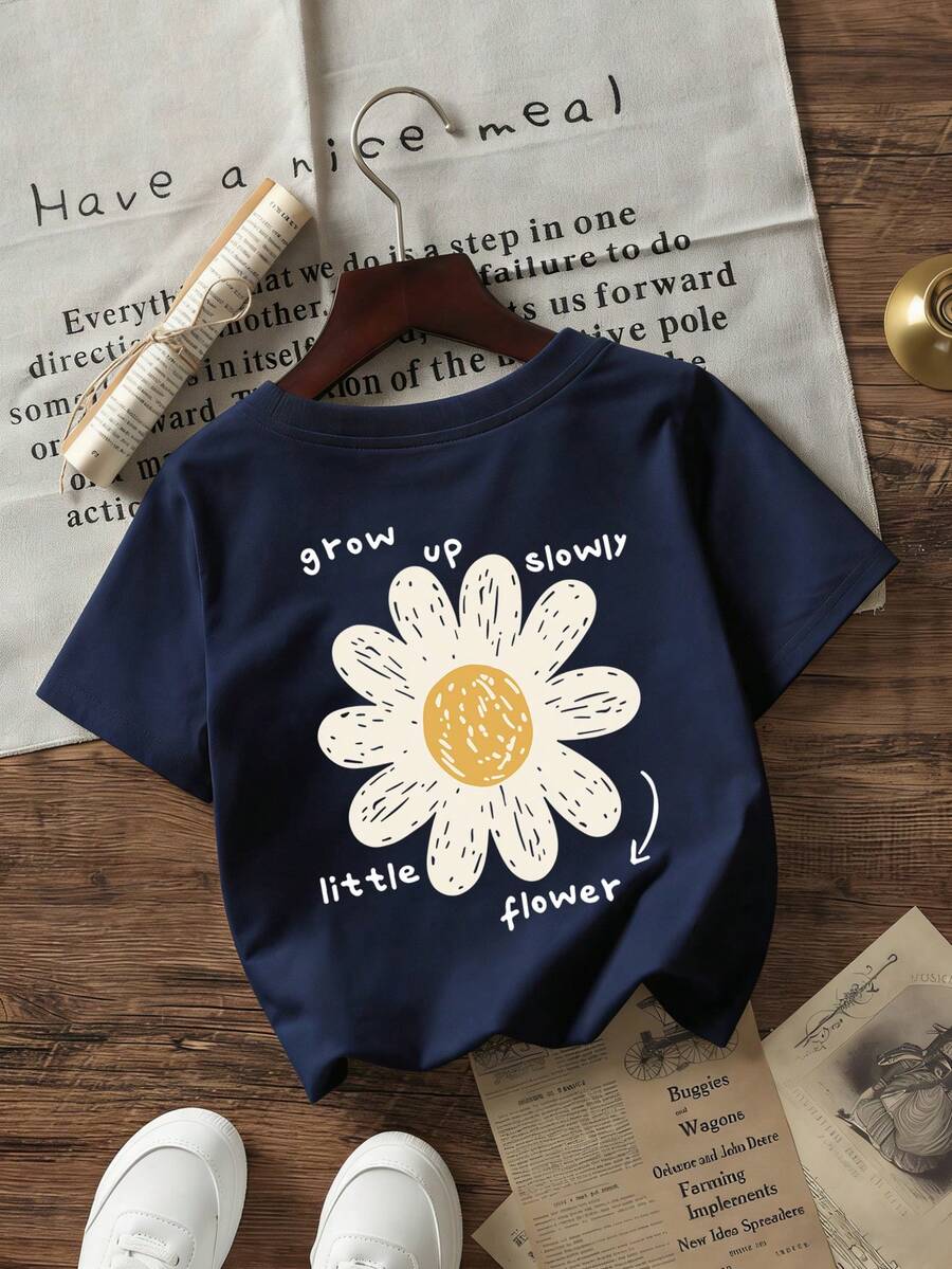 Baby Girls' Minimalist Daisy Print Round Neck Short Sleeve Cute Top - Navy Blue - View 1