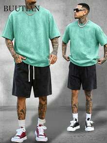 Men's 2PCS BUUTIAN Vintage Wash Solid Color T-Shirt & Denim Shorts Set, Multiple Color Combinations Available, Oversized Streetwear Casual Summer Joggermate Outfit, 90s Retro Casual Loungewear - Xanh lam + Đen - Xem 1
