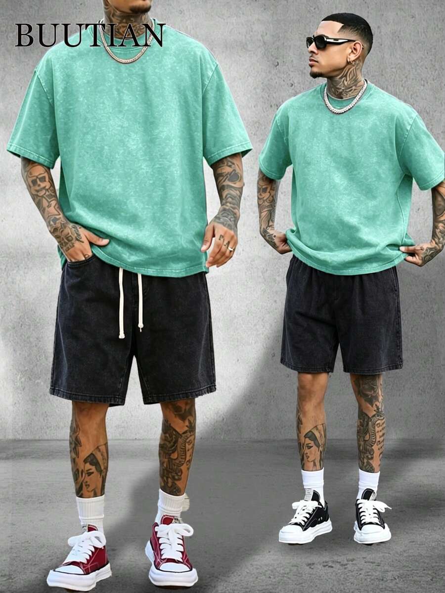 Men's 2PCS BUUTIAN Vintage Wash Solid Color T-Shirt & Denim Shorts Set, Multiple Color Combinations Available, Oversized Streetwear Casual Summer Joggermate Outfit, 90s Retro Casual Loungewear - Xanh lam + Đen - Xem 1