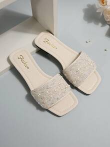Plus Size Women's Slip-On Open Toe Rhinestone Decor Sandals, Casual Versatile Outdoor Plastic Flat Sandals For Spring/Summer, Non-Slip Beach & House Slippers - Beige - View 7