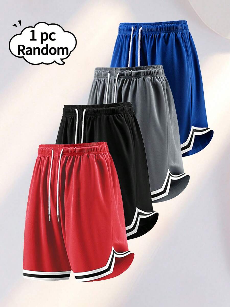 1pc Men's Summer Sports Basketball Shorts, Drawstring Elastic Mesh Quick-Dry Loose Fit Knee-Length Shorts - Red - View 1