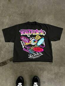 T Shirt Print ,Graphic-Cotton Tees Size Plus, Cartoon Round Neck Short Sleeve, Von O Dutch Classic Sci-Fi Style Tops - Oversized Old Printed Washed T-Shirt. Men's 100% Cotton, Loose Fitting, Y2K Street Retro Casual Urban Aesthetics, 100% Cotton Pullover. Gifts Men Clothes Men Shirts Graphic Teens Men Vintage T Shirts Graphic Tees Tanktop ,Y2K,Oversized Shirt Men,With Shirt,Summer Tops,Shirt Suitable - 黑色 - 查看 1
