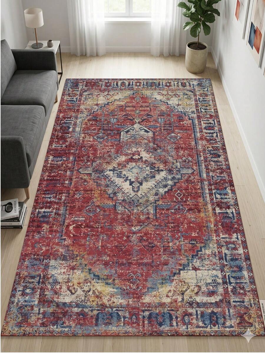 Vintage Teppich Wohnzimmer - Türkisch Orient Design Retro Look, Boho Chic Kurzflor Matte, Waschbar & Rutschfest für Schlafzimmer, Made in Turkiye 80x200 cm, 80x300 cm,100x200 cm, 120x180 cm - 紅色 - 查看 1