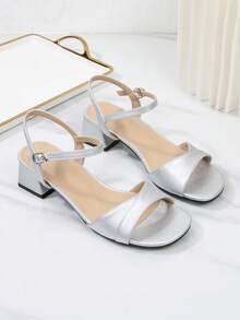 Sandal Wanita Hak Tebal dengan Bagian Belakang Terbuka, Sandal Modis Hak Sedang dengan Ujung Terbuka dan Tali Belakang, Sepatu Wanita Hak Tinggi Ukuran Besar - Perak - View 4