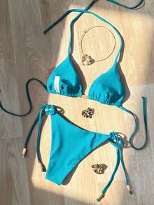 Traje de baño de estilo playero para mujer 2026, conjunto de bikini sexy con escote halter rojo brillante, de 2 piezas con lazos laterales, adecuado para vacaciones de verano de la mujer - azul real - Ver 2