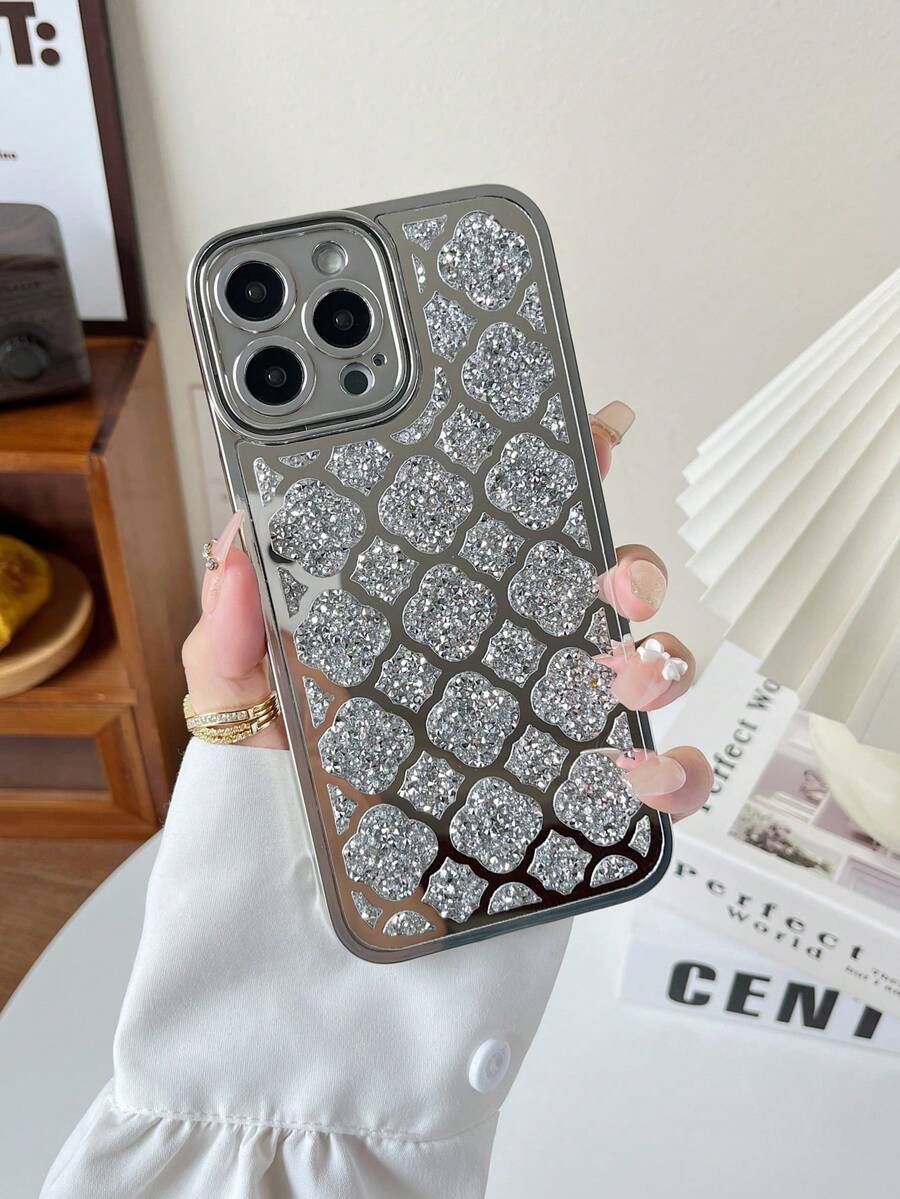 1 chiếc ốp lưng điện thoại 2 trong 1 mạ bạc hình hoa sóng, đính đá màu trơn, chống sốc, phù hợp với 15 Pro Max/17 Pro Max/17 Ari