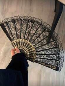 Gothic French Vintage Lace Handheld Folding Fan With Tassel - Elegant Hollow Fabric Fan, Suitable For Wedding Party, Dance Performance, Cosplay And Photography Prop - Black - View 3