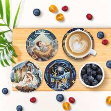8件套钻石画杯垫套装，圆形闪亮钻石，全套工具，DIY手工制作，减压，创意礼物，适合春节、圣诞节、教师节、乔迁之喜，实用杯垫，适用于餐桌和咖啡桌 - 彩色 - 查看 3