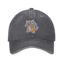 POKE Dragonite Imitation Embroidery Simple Solid Color Washed Denim Baseball Cap Adjustable Retro Soft Top Hat Breathable Sun Protection Visor For Men Women Daily Sunshade Hat Casual Outfits Fan Gifts - 深灰色 - 查看 1