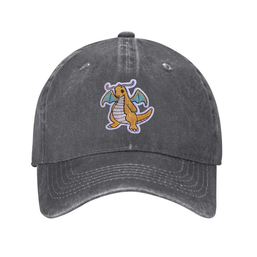 POKE Dragonite Imitation Embroidery Simple Solid Color Washed Denim Baseball Cap Adjustable Retro Soft Top Hat Breathable Sun Protection Visor For Men Women Daily Sunshade Hat Casual Outfits Fan Gifts - 深灰色 - 查看 1