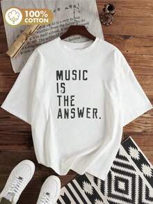 Casual Cute White Graphic Tee For Women, 'MUSIC IS THE ANSWER' Print Short Sleeve Drop Shoulder Round Neck T-Shirt, Stylish Knitted Top With,Autumn - White - View 8