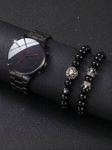 Bộ đồng hồ nam GENEVA đen đỏ, đồng hồ thạch anh dây thép không gỉ dành cho doanh nhân + vòng tay đá obsidian, lựa chọn quà tặng sang trọng và đa năng. - màu đen - Xem 2