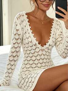 Vestido de Cubierta de Punto para Mujer Ajustado con Escote en V Profundo, Mangas Largas, Espalda Abierta y Lazos, Vestido de Traje de Baño para Playa o Fiesta en la Piscina - Blanco - Ver 1
