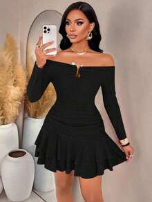 AIJ Vestido mini de manga larga con hombros abiertos, volantes y botones metálicos asimétricos, unicolor amarillo, elegante y casual para uso diario, vestido de fiesta de Navidad, para mujer en otoño/invierno y primavera, color negro - Negro - Ver 7