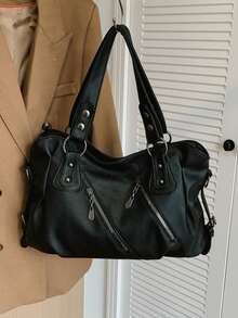 Retro Minimalist Large Capacity Fashion Student/Work Commute Tote Bag - Black - View 12
