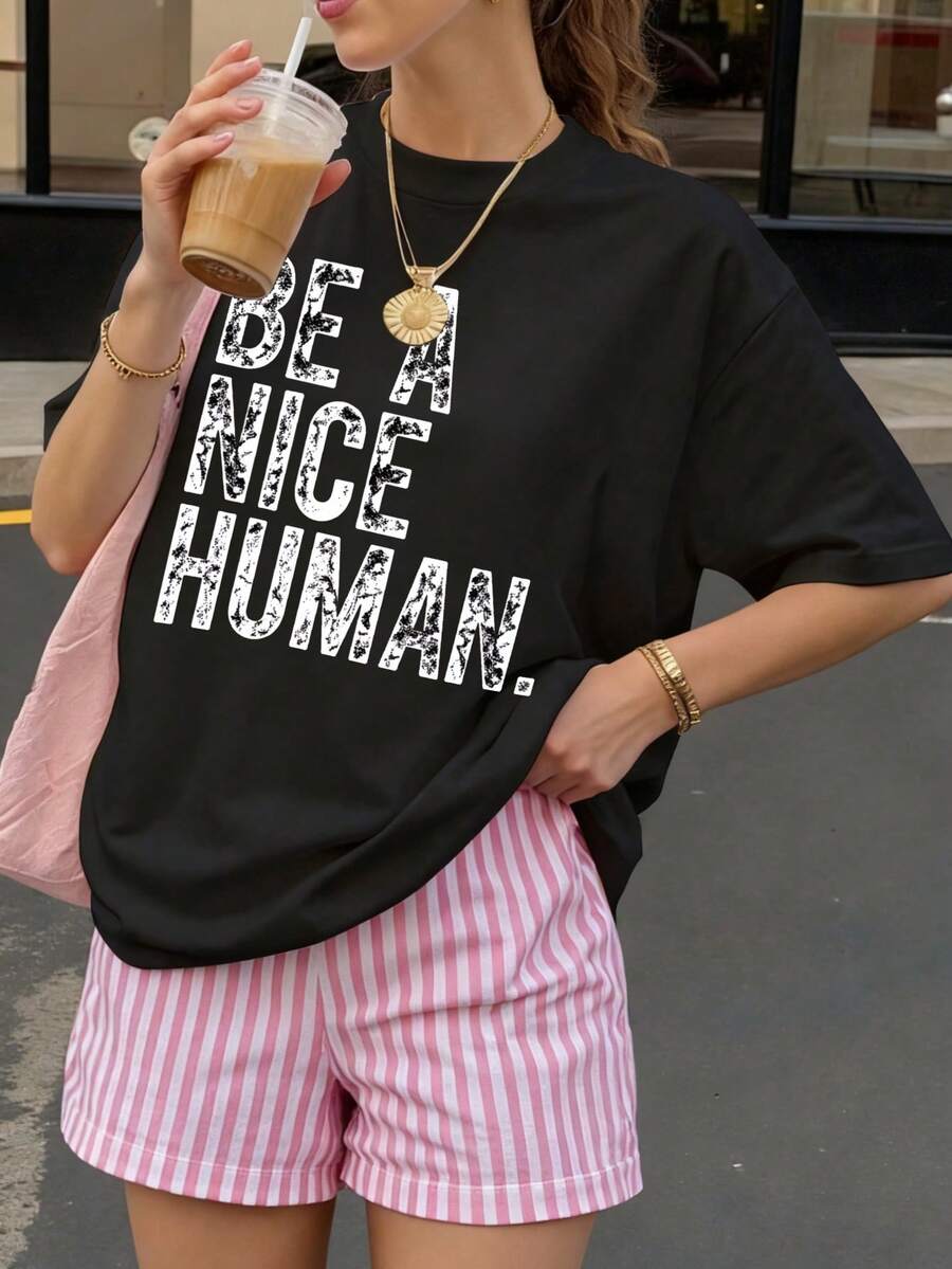 Camiseta Negra con Estampado Be A Nice Human para Ocio y Verano - Negro - Ver 1