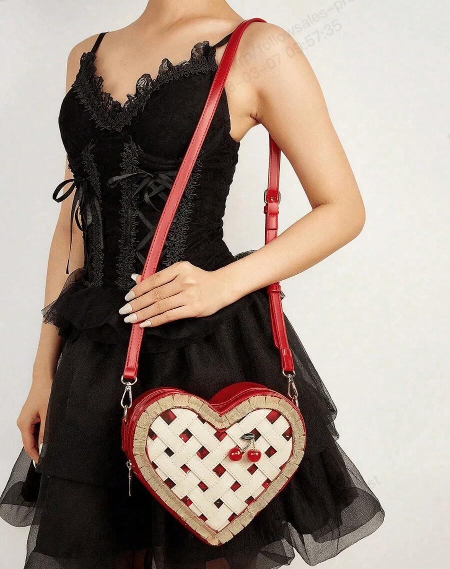 Cute Red Heart Cartoon Cherry Fruit Pie PU Leather Women Bag, Versatile As Crossbody, Shoulder Bag, Party Clutch & Small Casual Tote - 紅色 - 查看 1