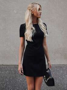HH Short Puff Sleeve Evening Dress, Women's High Waist Round Neck A-Line Black Elegant Gown Summer - Black - View 9