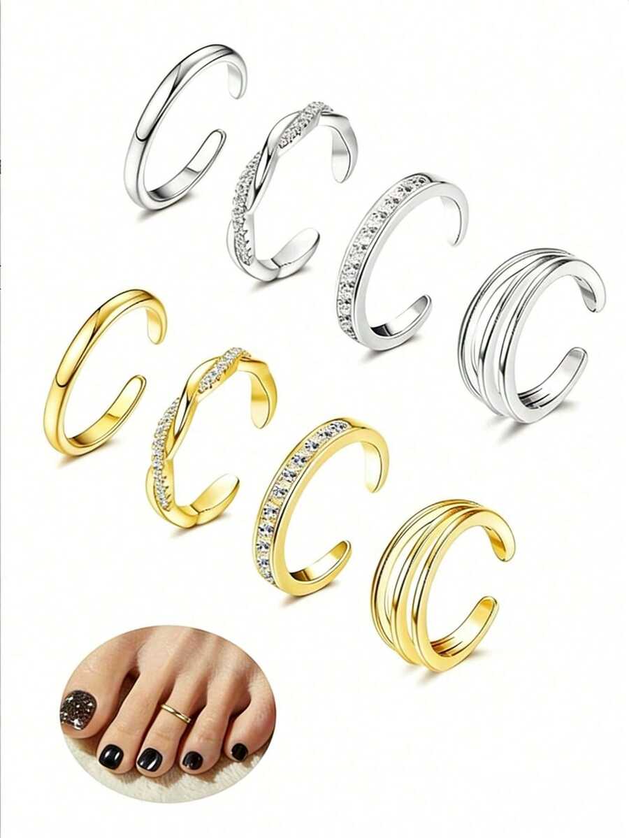 Bộ 4 chiếc nhẫn ngón chân mạ vàng 18K tối giản, nhiều kiểu dáng, đính đá Cubic Zirconia, có thể điều chỉnh kích cỡ, phù hợp cho nữ, đi biển mùa hè và đeo hàng ngày. - Bộ 4 vòng chân - Xem 1