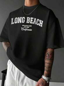 Estudio Simple| Camiseta casual de cuello redondo con estampado de letras para hombre en verano - Negro - Ver 6