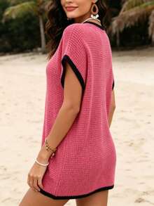 Top casual y elegante de punto con escote en V y diseño calado, de manga corta, con diseño calado, alta elasticidad y estilo bohemio para el verano - Rosa coral - Ver 4
