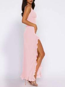 European And American Style Women's Summer New Ruffled Sexy Deep V-Neck Split Party Dress, Versatile Evening Gown Wedding Spring Fall - Light Pink # - View 4