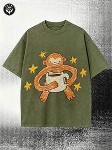 Vintage Washed BlackT-Shirt, Cute Cartoon Monkey With Coffee Cup & Yellow Stars Print Tee,Retro Distressed Oversized Short Sleeve Casual StreetwearTop - 綠色 - 查看 12