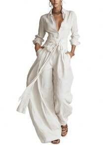 Local Shipping Spring Women's 2pcs Set | Solid Lapel Top & High-Waisted Pants | Casual Chic Outfit - 白色 - 查看 3
