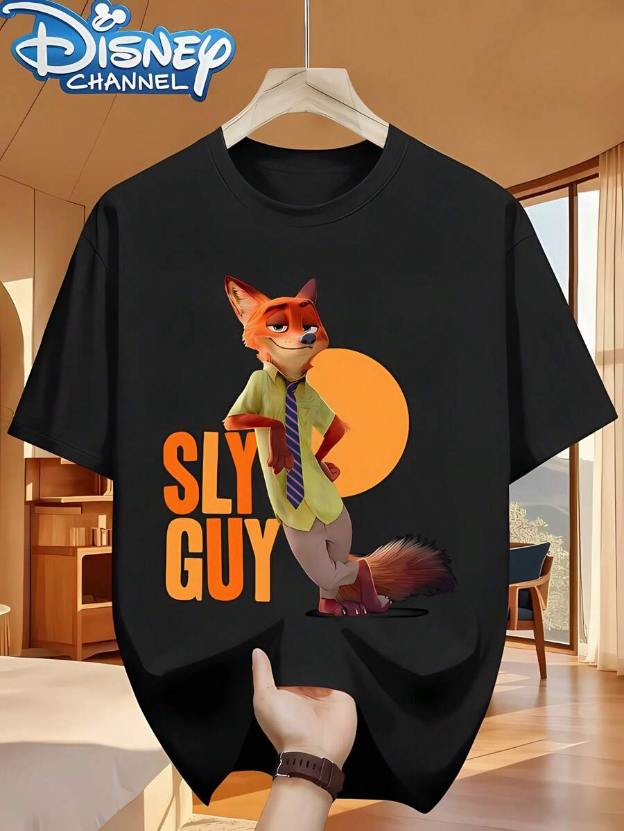 Disney "Zootopia Nick Lazy Style With" Guy "Text Unique Printing" T-Shirt Fashion Design Simple And Versatile, Fashion Design Sense Round Neck Twill Fabric T-Shirt Edging Summer Casual T-Shirt - 黑色 - 查看 1