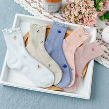 5 đôi tất mùa hè mỏng, họa tiết hoa, viền ren, thoáng khí, tất cổ ngắn - Nhiều màu - Xem 6