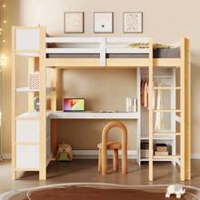 Loft Bed, 140 X 200 Cm, Shelves, Ample Storage, Desk, Wardrobe, Mattress Not Included, White - Natural Color - View 4