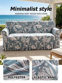 1pc Tropical Plant Printed Sofa Skirt Cover, Dust-Proof & Dirt-Resistant, Elastic Full Coverage Sofa Protector, Living Room Decor, Fits 1/2/3/4 Seater Sofa, All Season, Machine Washable - Dusty Blue - View 6