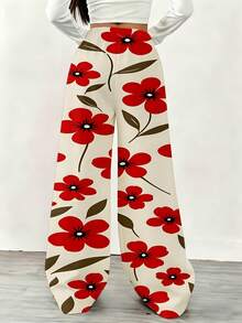 Floral Print Wide Leg Pants With Drawstring Waist Red Flowers Design Comfortable Loose Fit Suitable For Casual And Sports Wear - 白色 - 查看 2